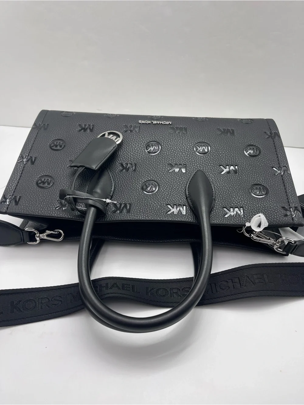 MICHAEL KORS Mirella Md EW Top Zip Logo Debossed Satchel Shoulder Tote Black NWT